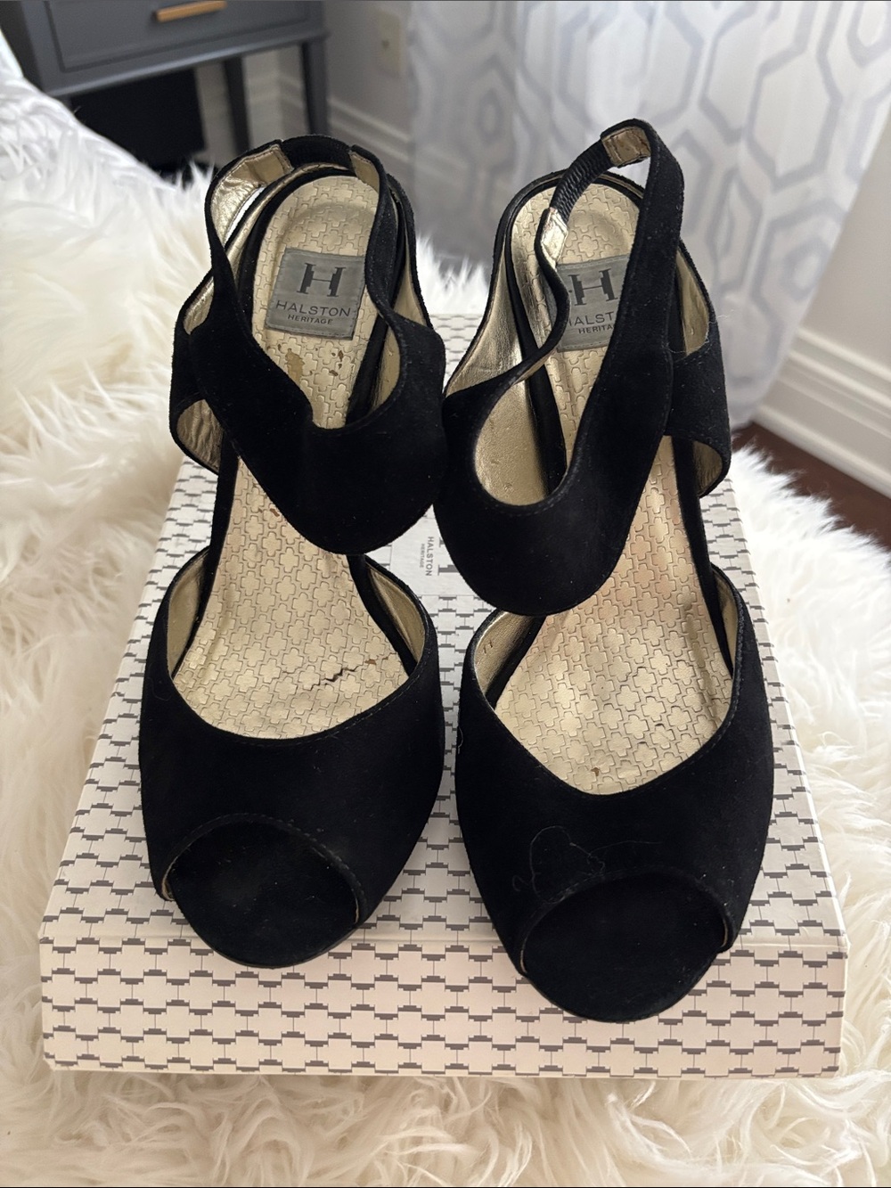 Halston Heritage Black Suede Slingback Peep-Toe Heels